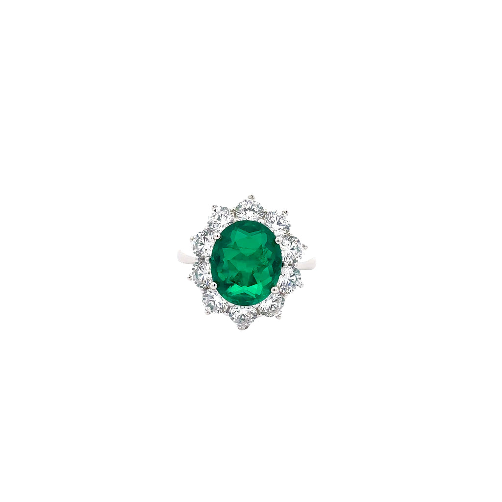 EMERALD HALO RING IN 925 STERLING SILVER & ZIRCONIA