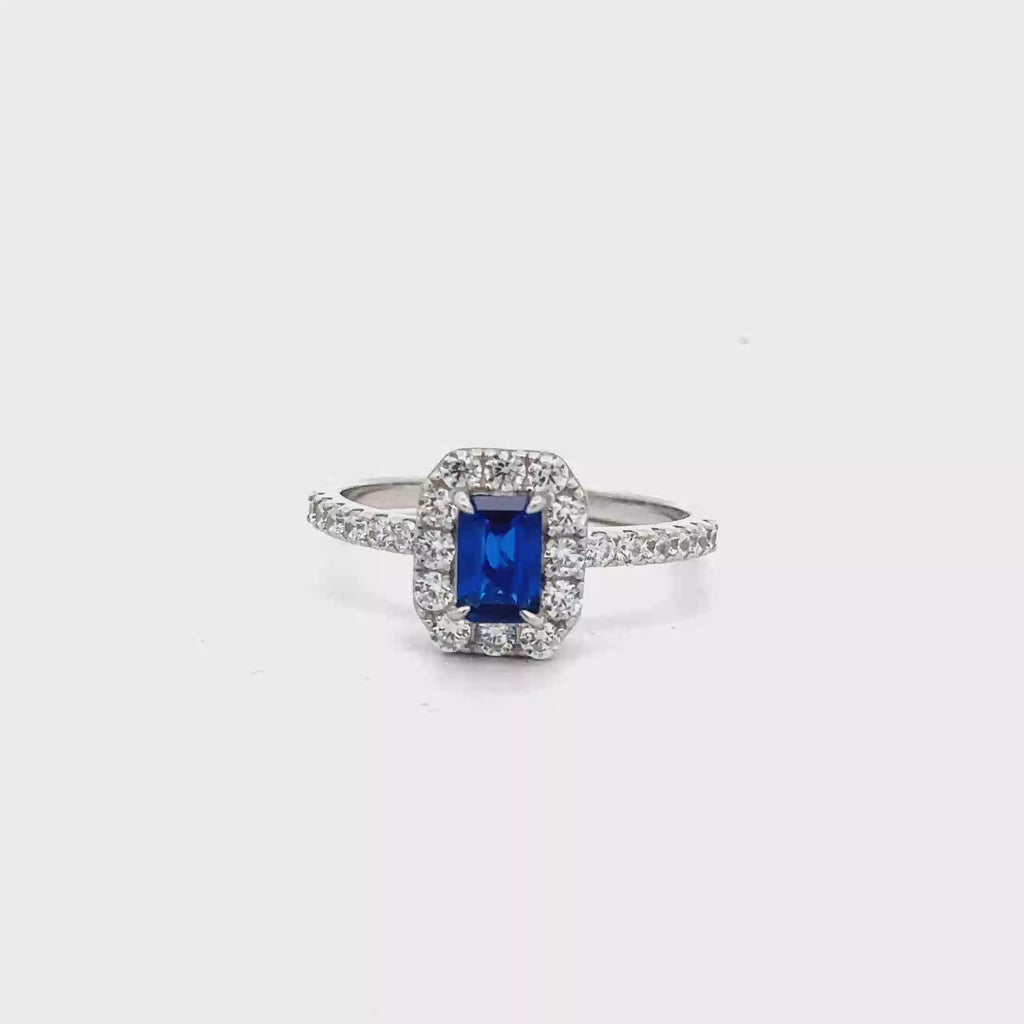 SAPPHIRE HALO RING IN 925 STERLING SILVER & ZIRCONIA